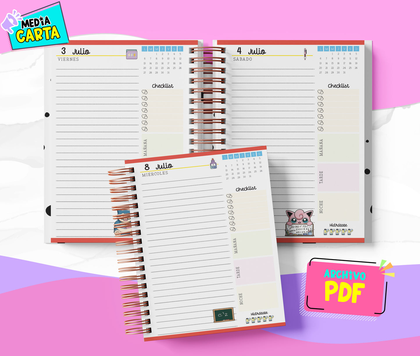 Agenda Diaria 2026 de Pokemon (PDF no editable) – Día por Página – Media Carta 14×21.5 cm – Español