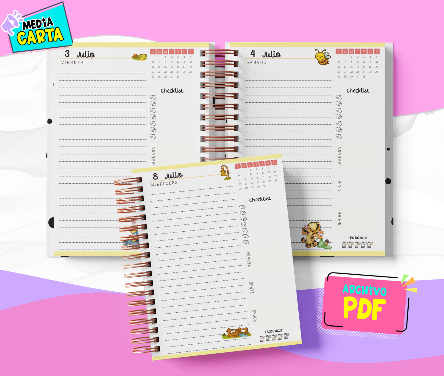 Agenda Diaria 2026 de Winnie (PDF no editable) – Día por Página – Media Carta 14×21.5 cm – Español