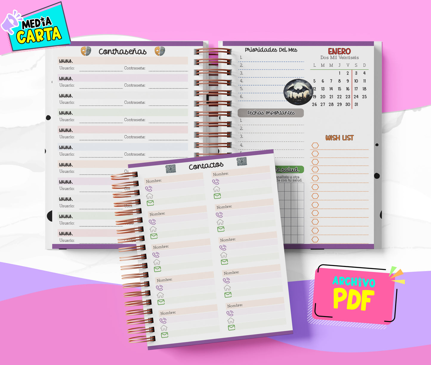 Agenda Diaria 2026 de Batman (PDF no editable) – Día por Página – Media Carta 14×21.5 cm – Español