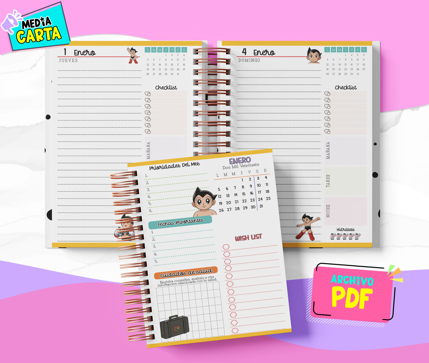 Agenda Diaria 2026 de Astroboy (PDF no editable) – Día por Página – Media Carta 14×21.5 cm – Español