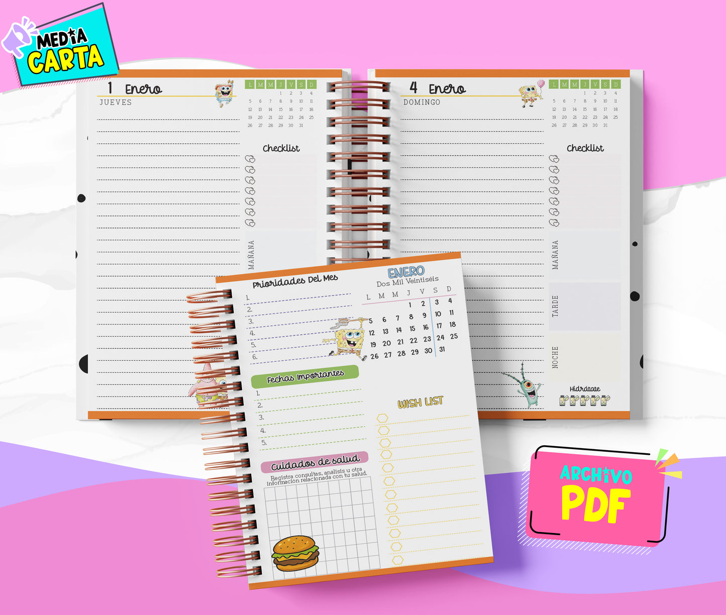 Agenda Diaria 2026 de Bob Esponja (PDF no editable) – Día por Página – Media Carta 14×21.5 cm – Español