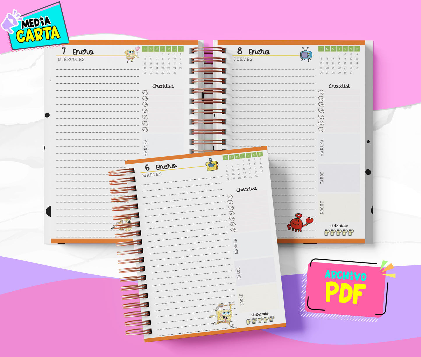 Agenda Diaria 2026 de Bob Esponja (PDF no editable) – Día por Página – Media Carta 14×21.5 cm – Español