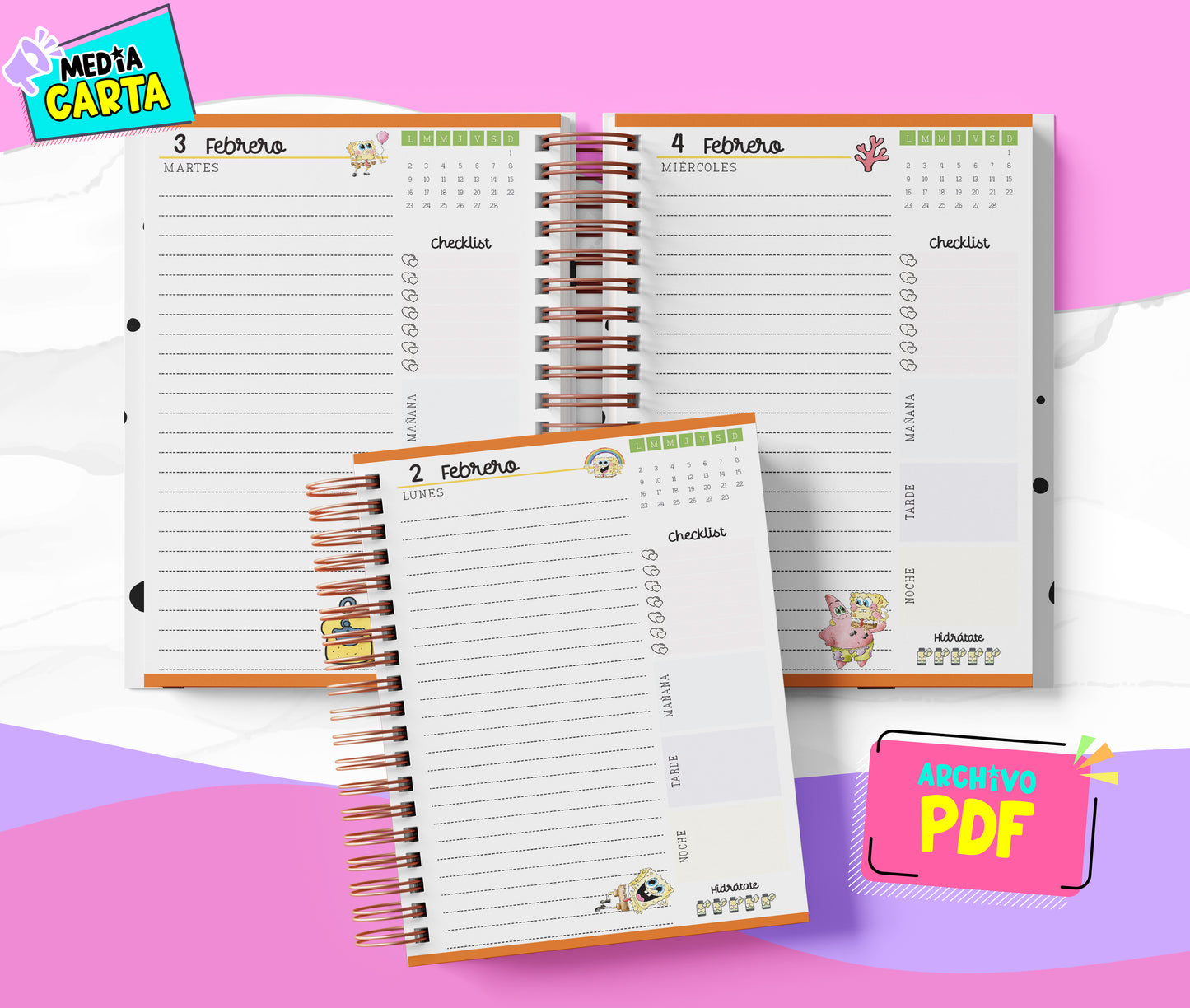 Agenda Diaria 2026 de Bob Esponja (PDF no editable) – Día por Página – Media Carta 14×21.5 cm – Español