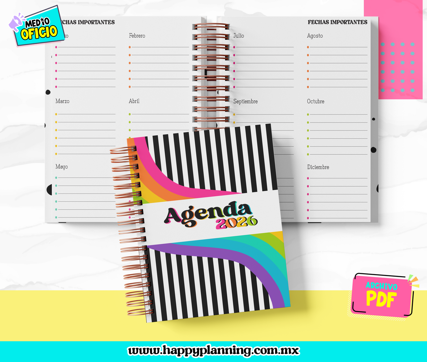Agenda Diaria Minimalista 2026 Rainbow — PDF Imprimible (3 formatos) + 5 Portadas JPG