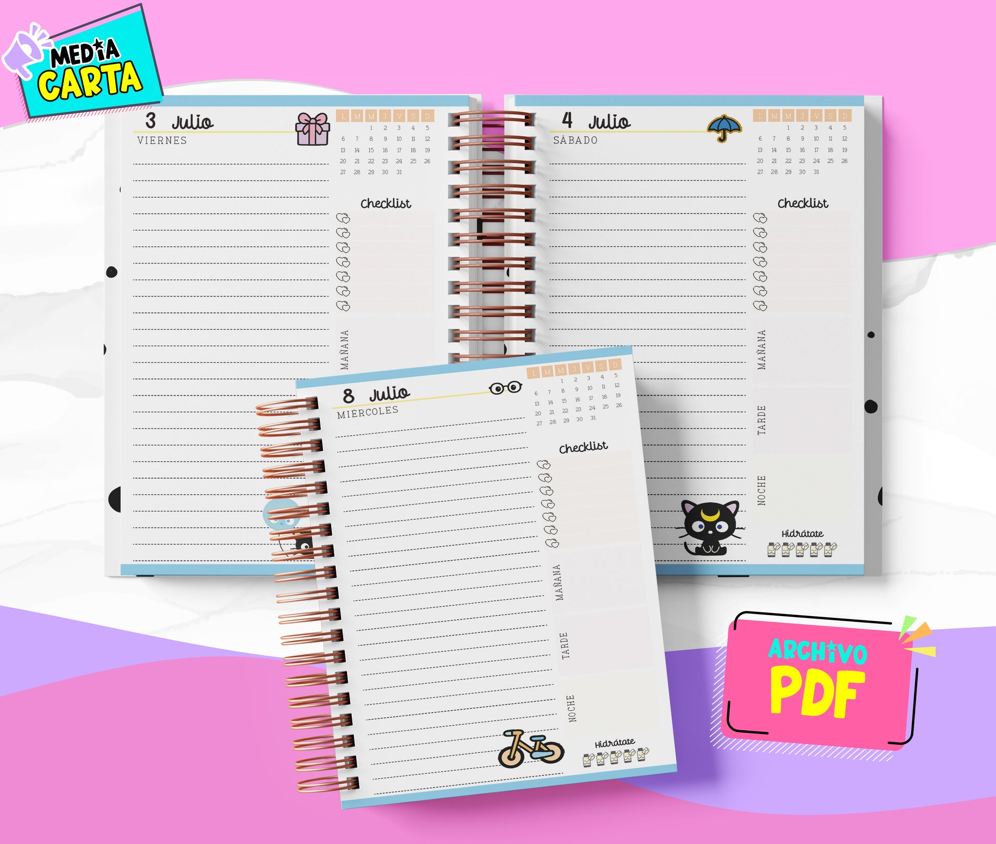 Agenda Diaria 2026 de Chococat (PDF no editable) – Día por Página – Media Carta 14×21.5 cm – Español