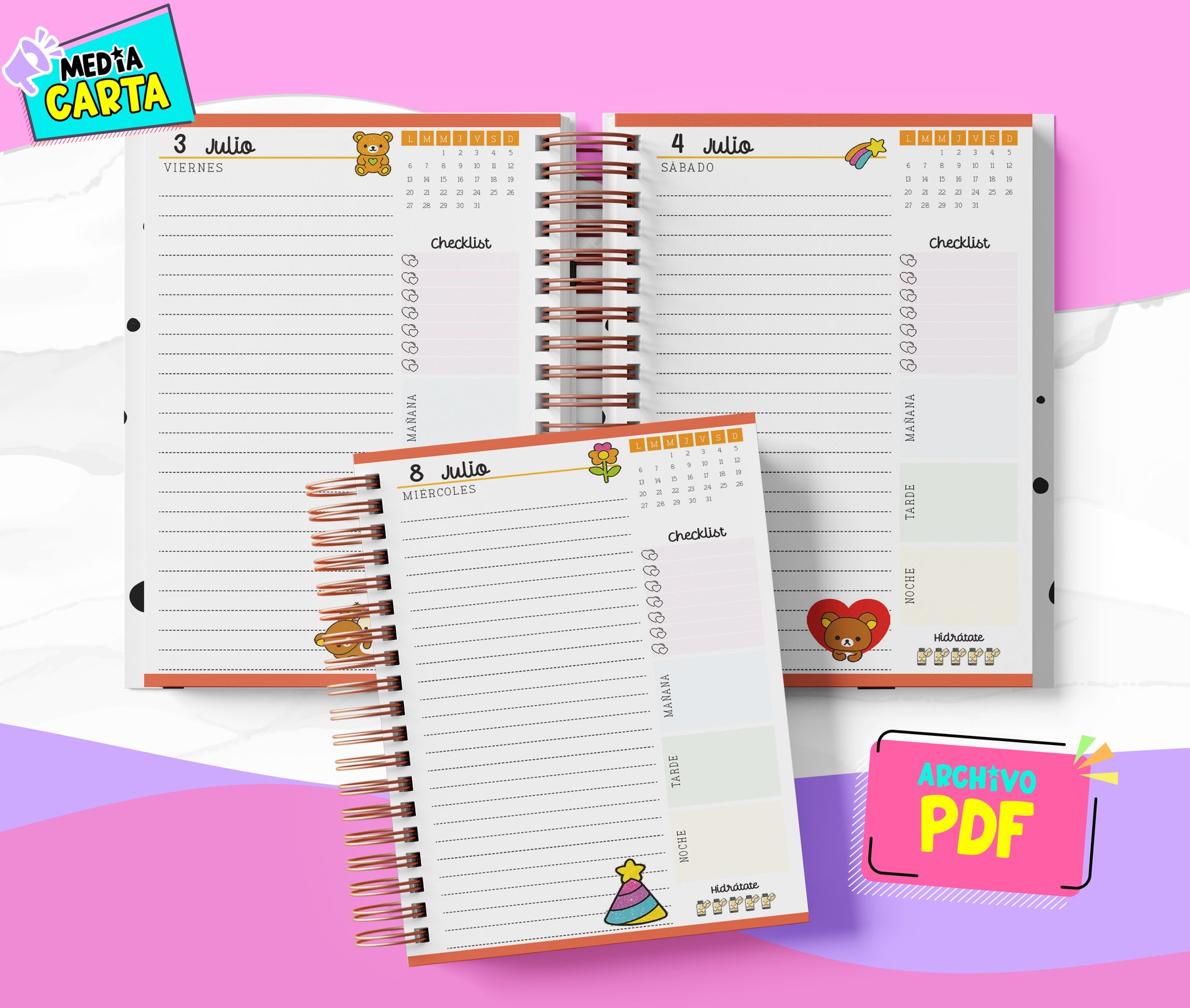 Agenda Diaria 2026 de Rilakkuma (PDF no editable) – Día por Página – Media Carta 14×21.5 cm – Español