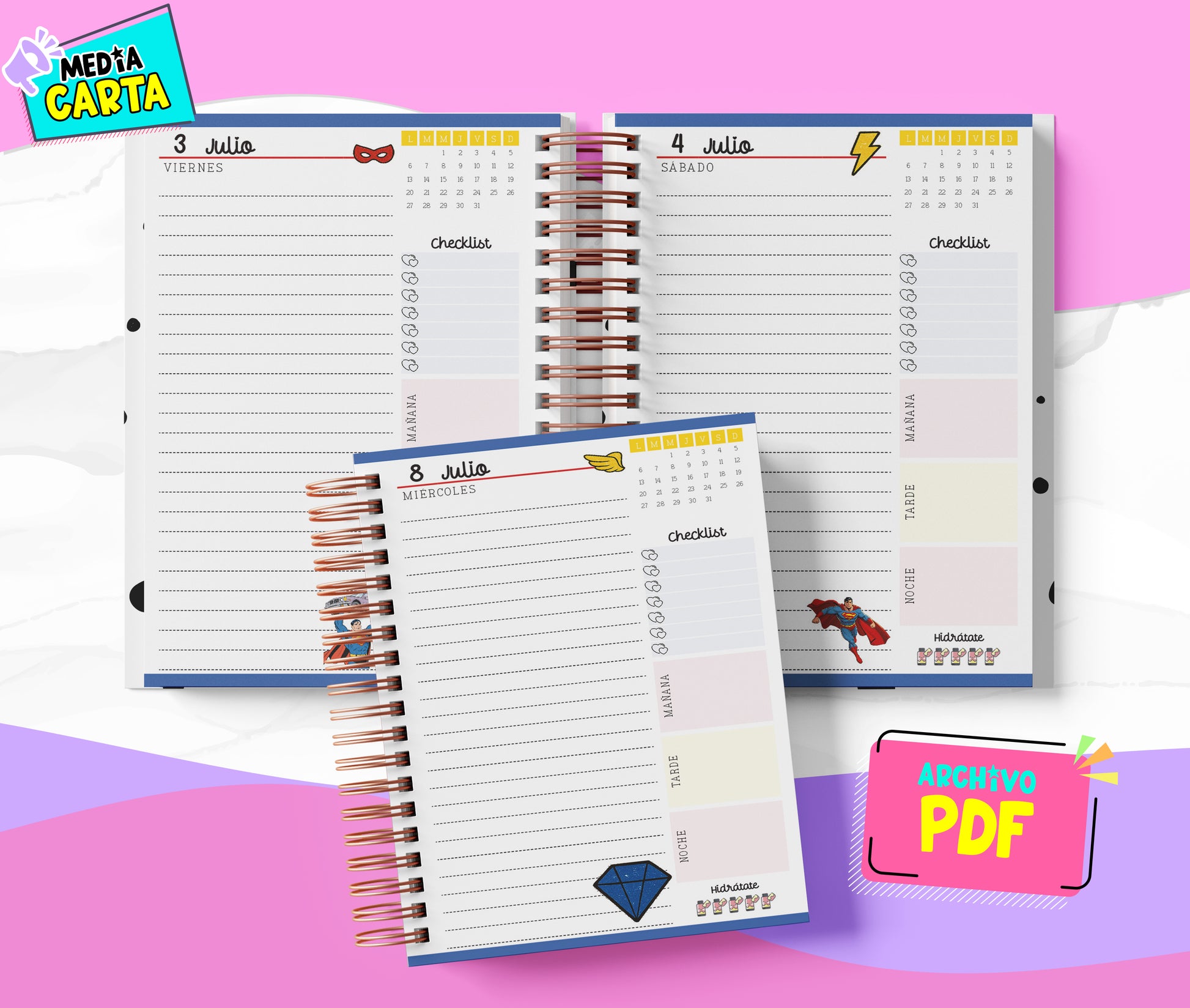 Agenda Diaria 2026 de Superman (PDF no editable) – Día por Página – Media Carta 14×21.5 cm – Español