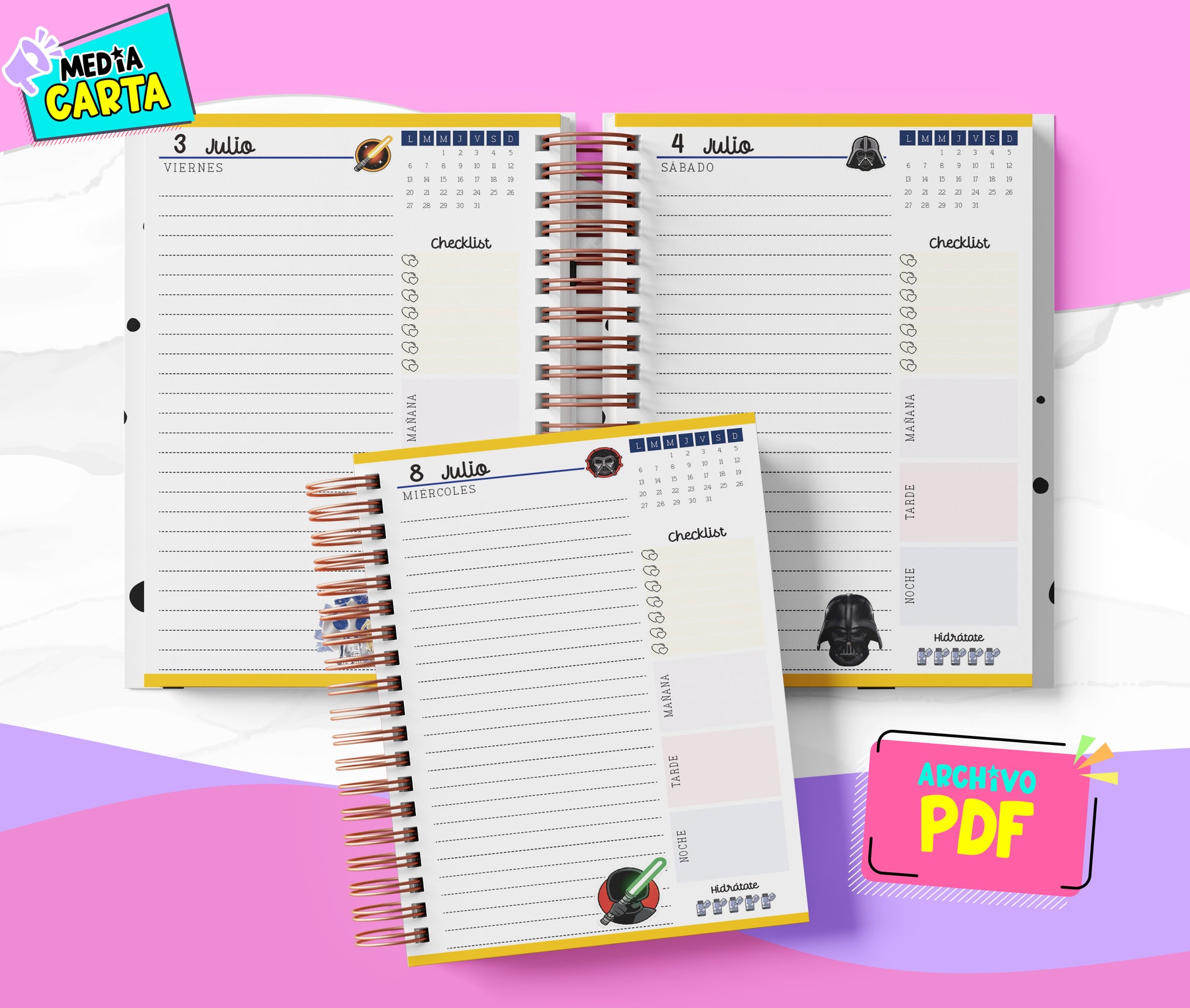 Agenda Diaria 2026 de Starwars (PDF no editable) – Día por Página – Media Carta 14×21.5 cm – Español