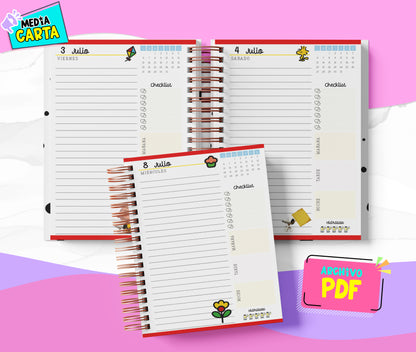 Agenda Diaria 2026 de Snoopy (PDF no editable) – Día por Página – Media Carta 14×21.5 cm – Español
