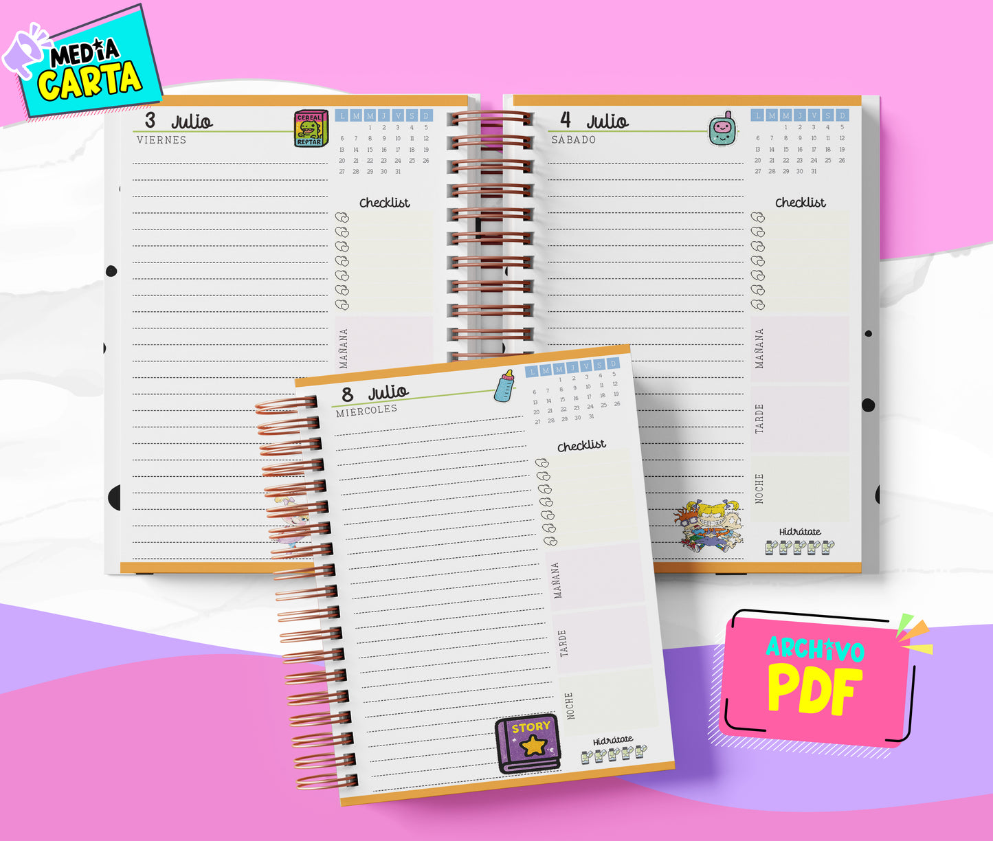 Agenda Diaria 2026 de Rugrats (PDF no editable) – Día por Página – Media Carta 14×21.5 cm – Español