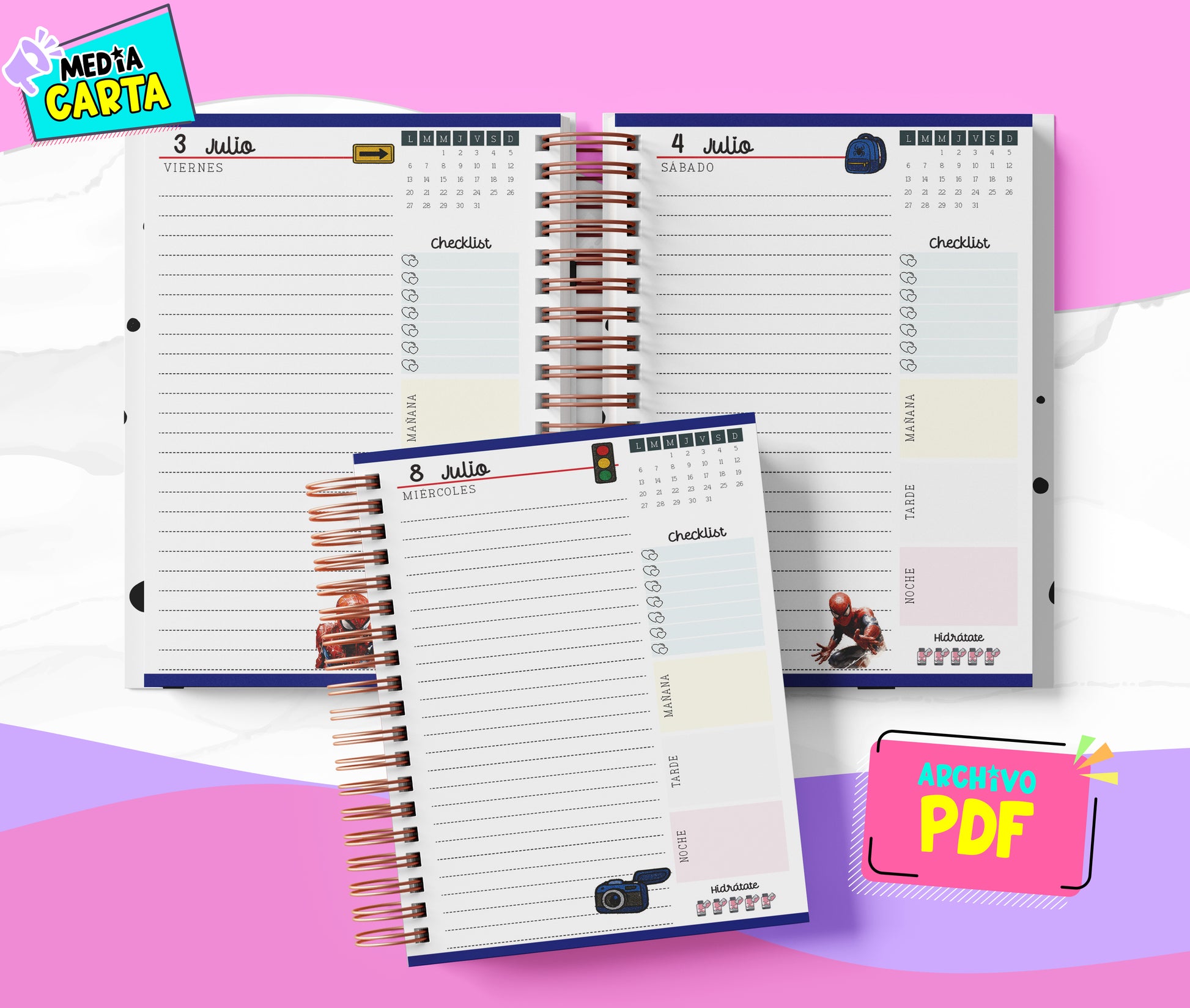 Agenda Diaria 2026 de Spiderman (PDF no editable) – Día por Página – Media Carta 14×21.5 cm – Español