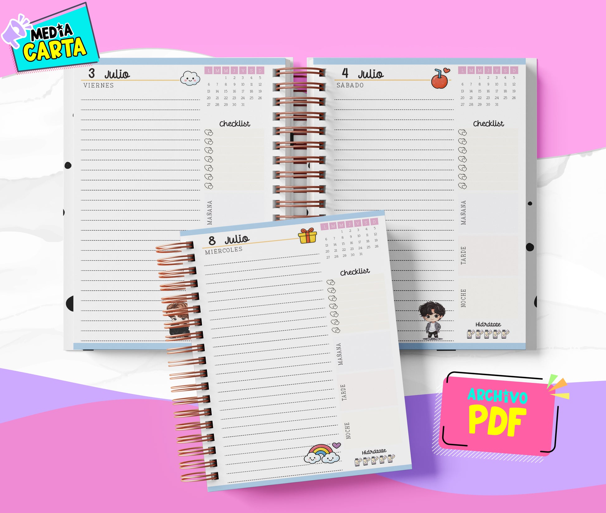 Agenda Diaria 2026 de Bts (PDF no editable) – Día por Página – Media Carta 14×21.5 cm – Español