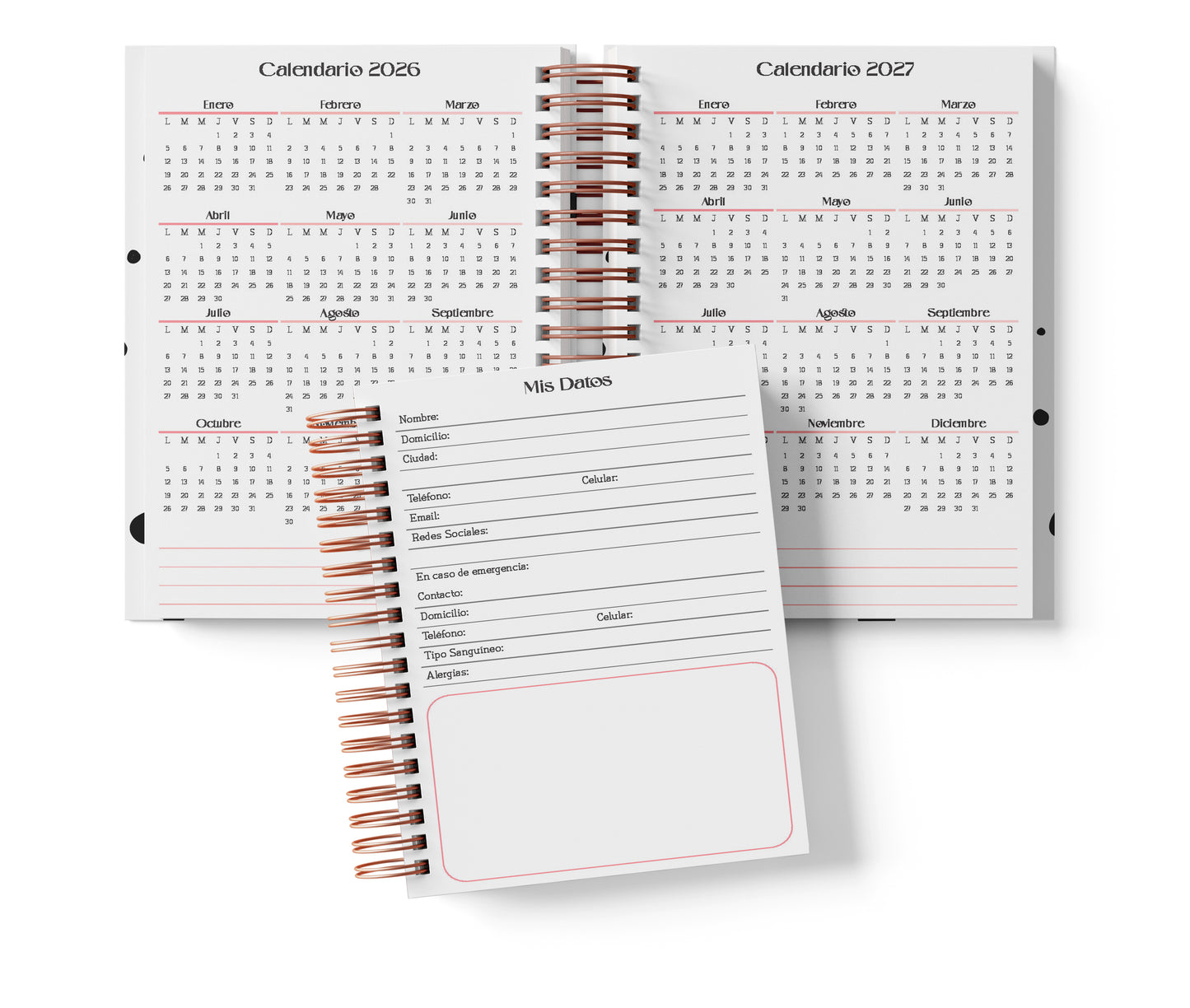Agenda Semanal Digital 2026–2027 en Español • Minimalista Rosa • Media Carta 14×21.5 cm / 5.5×8.5 in • PDF 224 páginas