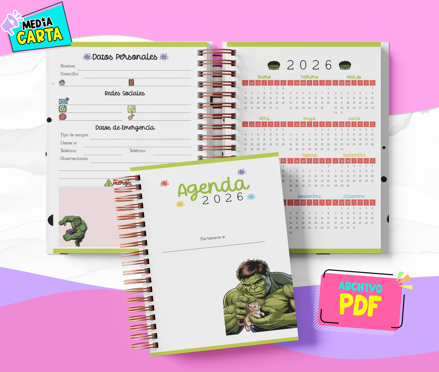 Agenda Diaria 2026 de Hulk (PDF no editable) – Día por Página – Media Carta 14×21.5 cm – Español