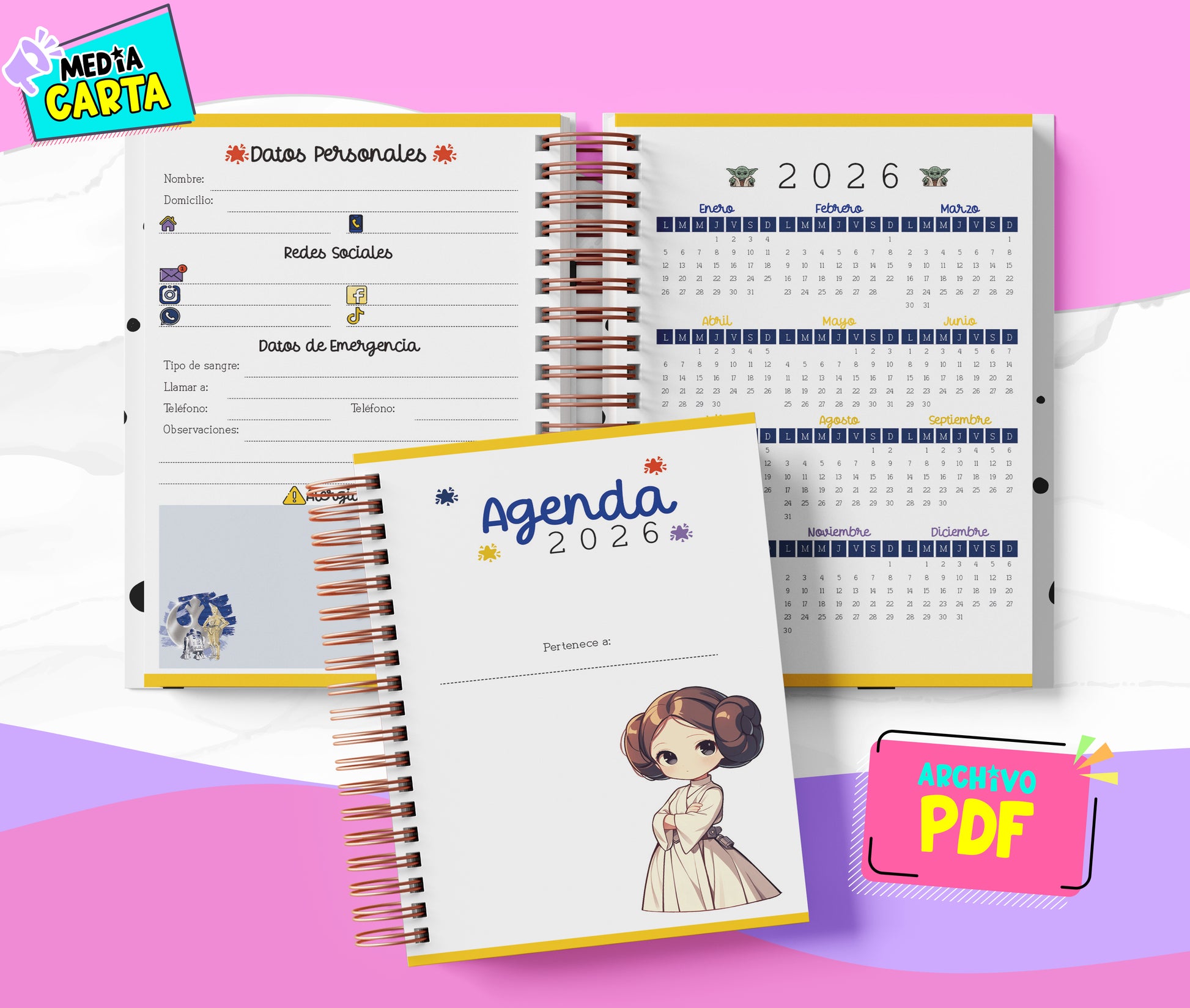 Agenda Diaria 2026 de Starwars (PDF no editable) – Día por Página – Media Carta 14×21.5 cm – Español