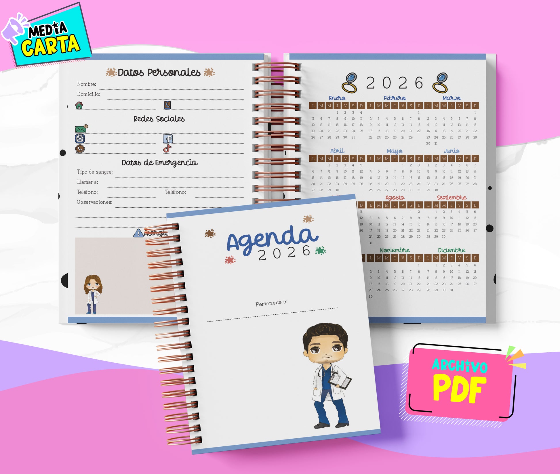 Agenda Diaria 2026 de Greys (PDF no editable) – Día por Página – Media Carta 14×21.5 cm – Español