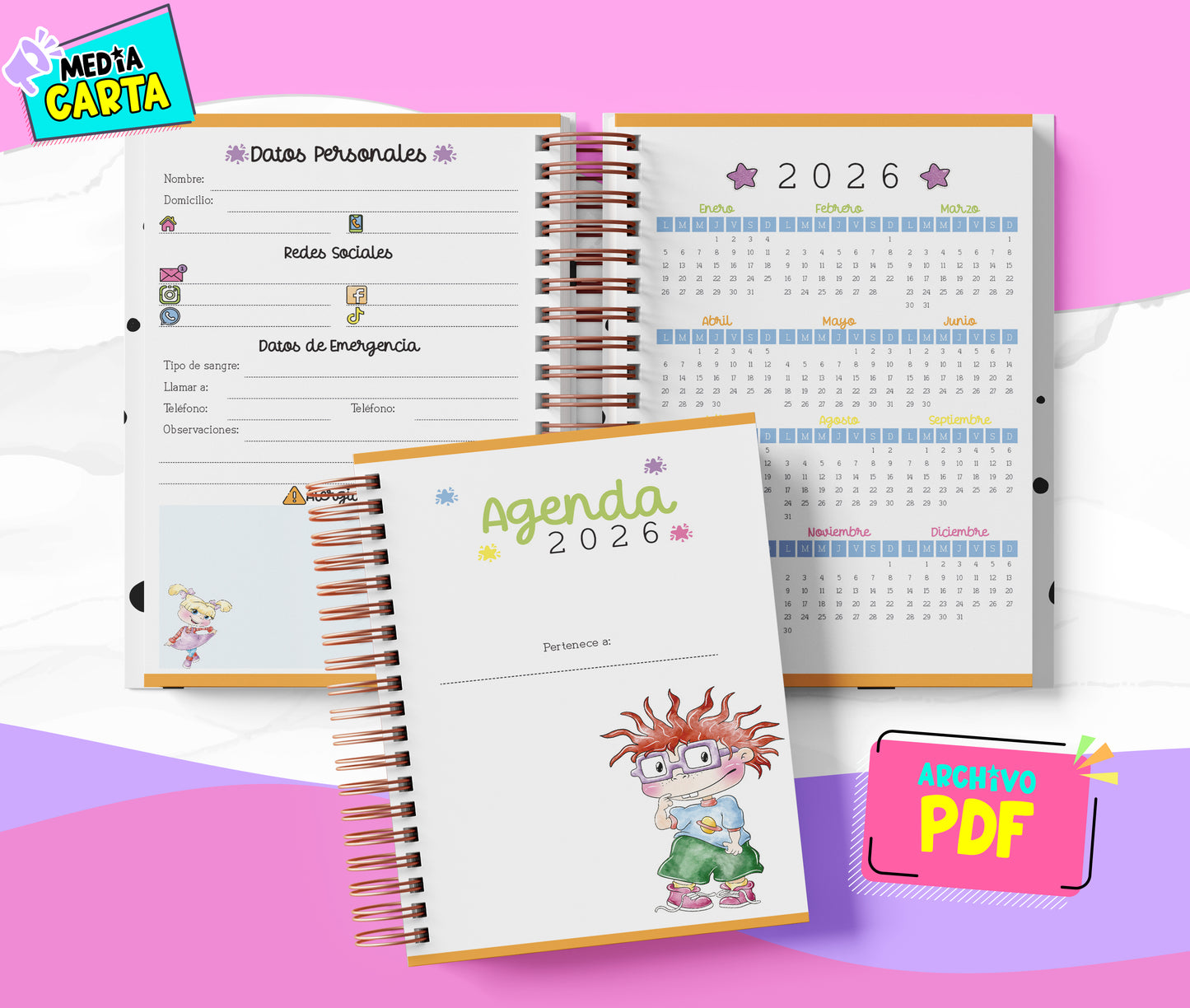 Agenda Diaria 2026 de Rugrats (PDF no editable) – Día por Página – Media Carta 14×21.5 cm – Español