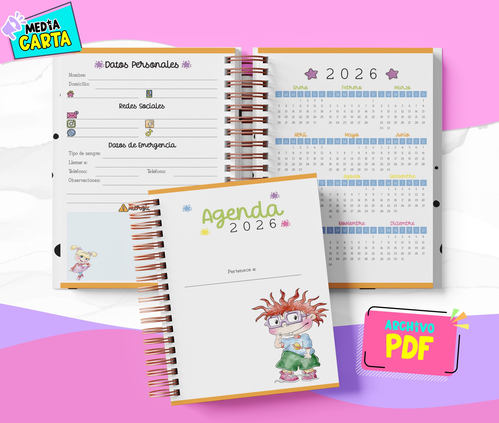 Agenda Diaria 2026 de Rugrats (PDF no editable) – Día por Página – Media Carta 14×21.5 cm – Español