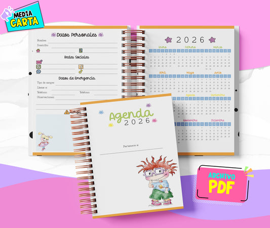 Agenda Diaria 2026 de Rugrats (PDF no editable) – Día por Página – Media Carta 14×21.5 cm – Español