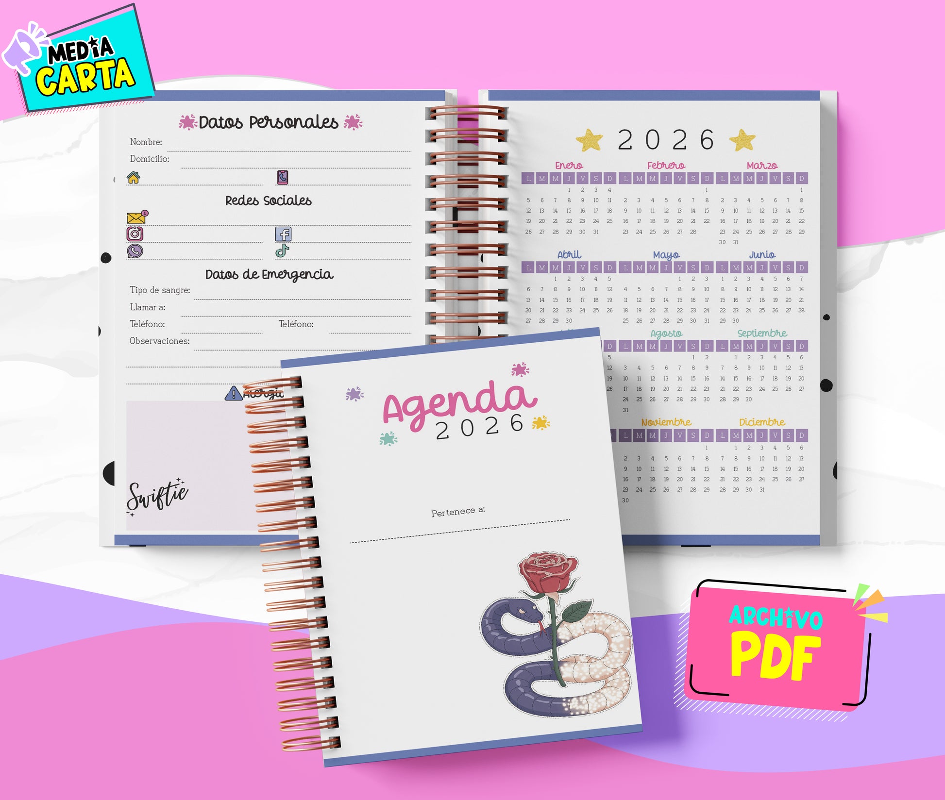 Agenda Diaria 2026 de Taylor Swift (PDF no editable) – Día por Página – Media Carta 14×21.5 cm – Español