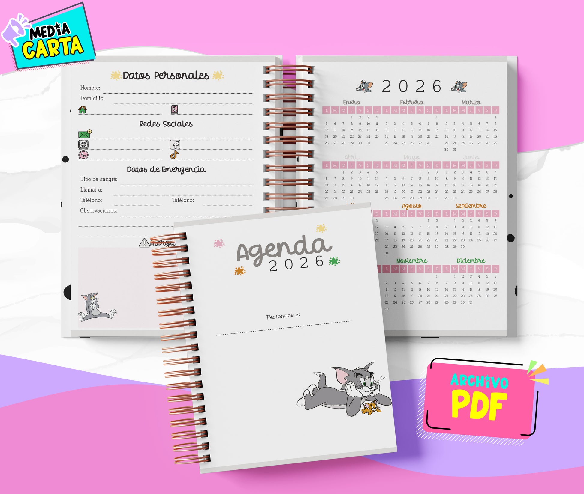 Agenda Diaria 2026 de Tom Y Jerry (PDF no editable) – Día por Página – Media Carta 14×21.5 cm – Español