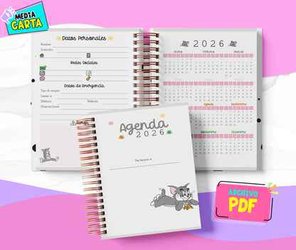 Agenda Diaria 2026 de Tom Y Jerry (PDF no editable) – Día por Página – Media Carta 14×21.5 cm – Español