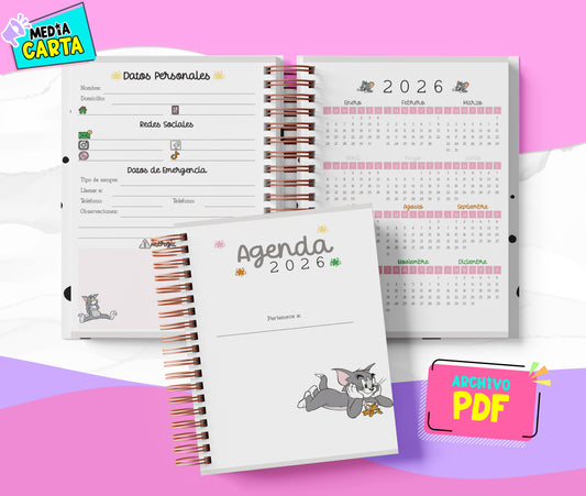 Agenda Diaria 2026 de Tom Y Jerry (PDF no editable) – Día por Página – Media Carta 14×21.5 cm – Español