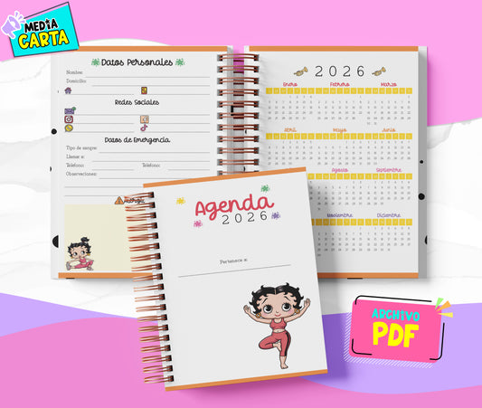 Agenda Diaria 2026 de Betty Boop (PDF no editable) – Día por Página – Media Carta 14×21.5 cm – Español