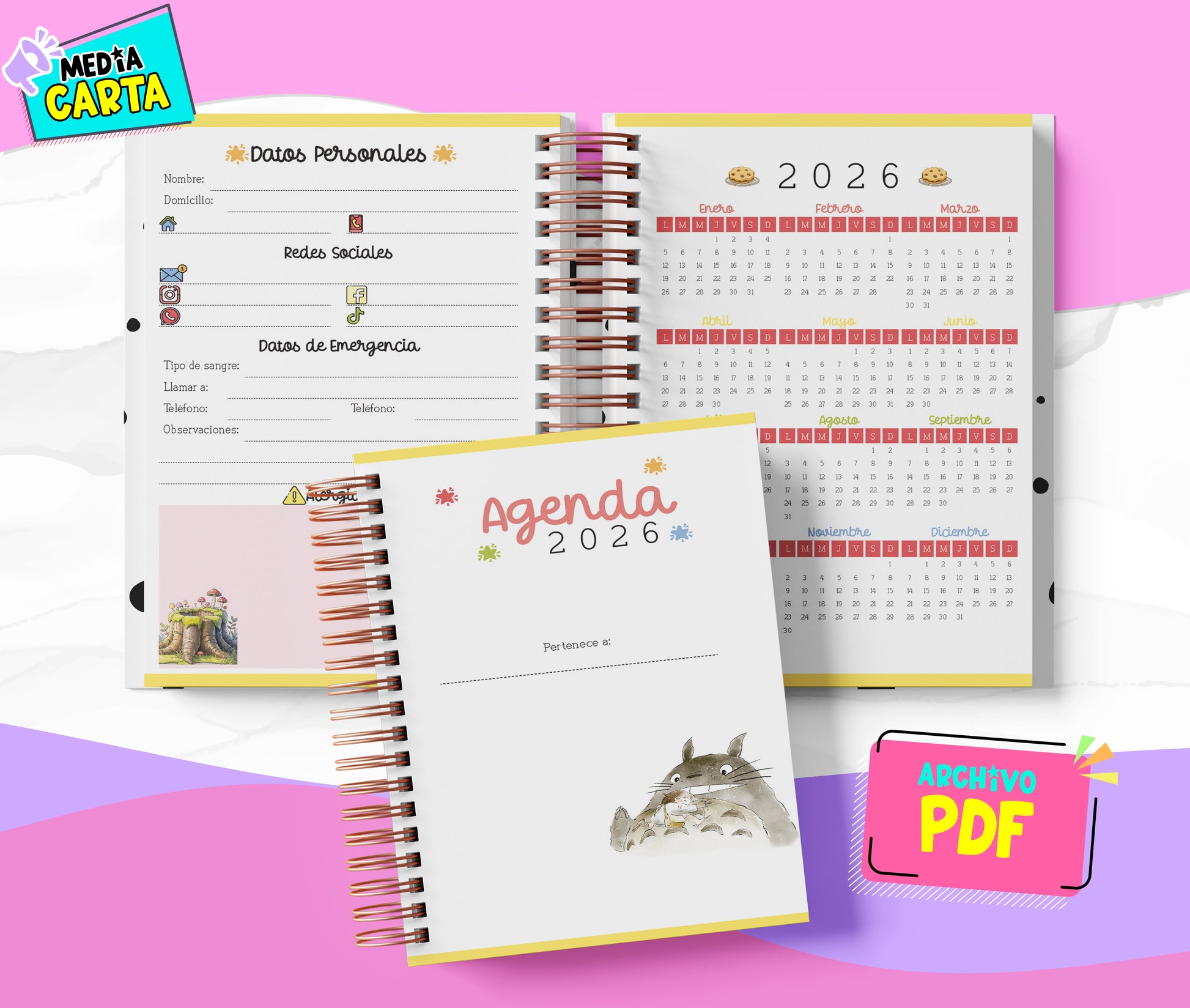 Agenda Diaria 2026 de Totoro (PDF no editable) – Día por Página – Media Carta 14×21.5 cm – Español