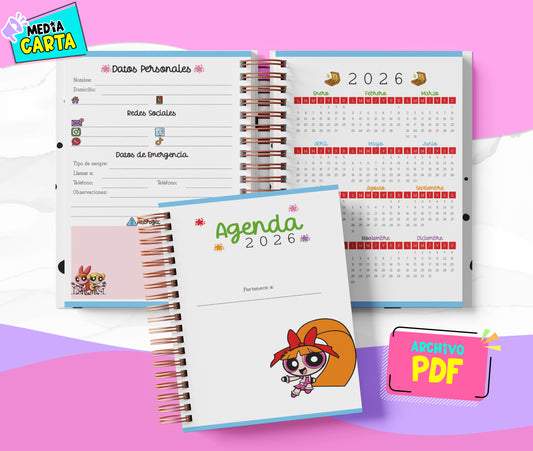 Agenda Diaria 2026 de Chicas Super Poderosas (PDF no editable) – Día por Página – Media Carta 14×21.5 cm – Español