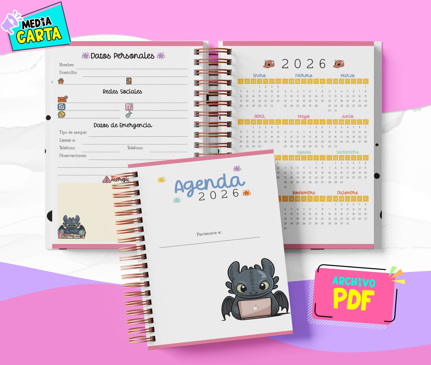 Agenda Diaria 2026 de Entrenar Dragon (PDF no editable) – Día por Página – Media Carta 14×21.5 cm – Español