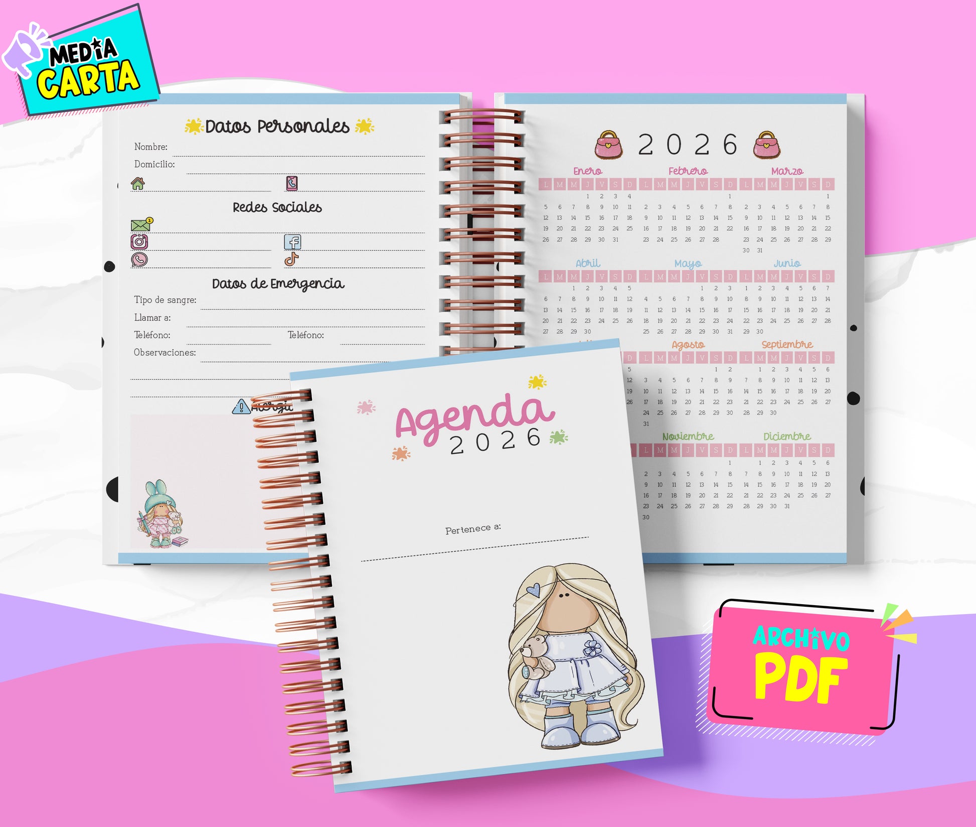 Agenda Diaria 2026 de Cute Dolls (PDF no editable) – Día por Página – Media Carta 14×21.5 cm – Español