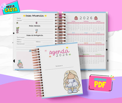 Agenda Diaria 2026 de Cute Dolls (PDF no editable) – Día por Página – Media Carta 14×21.5 cm – Español