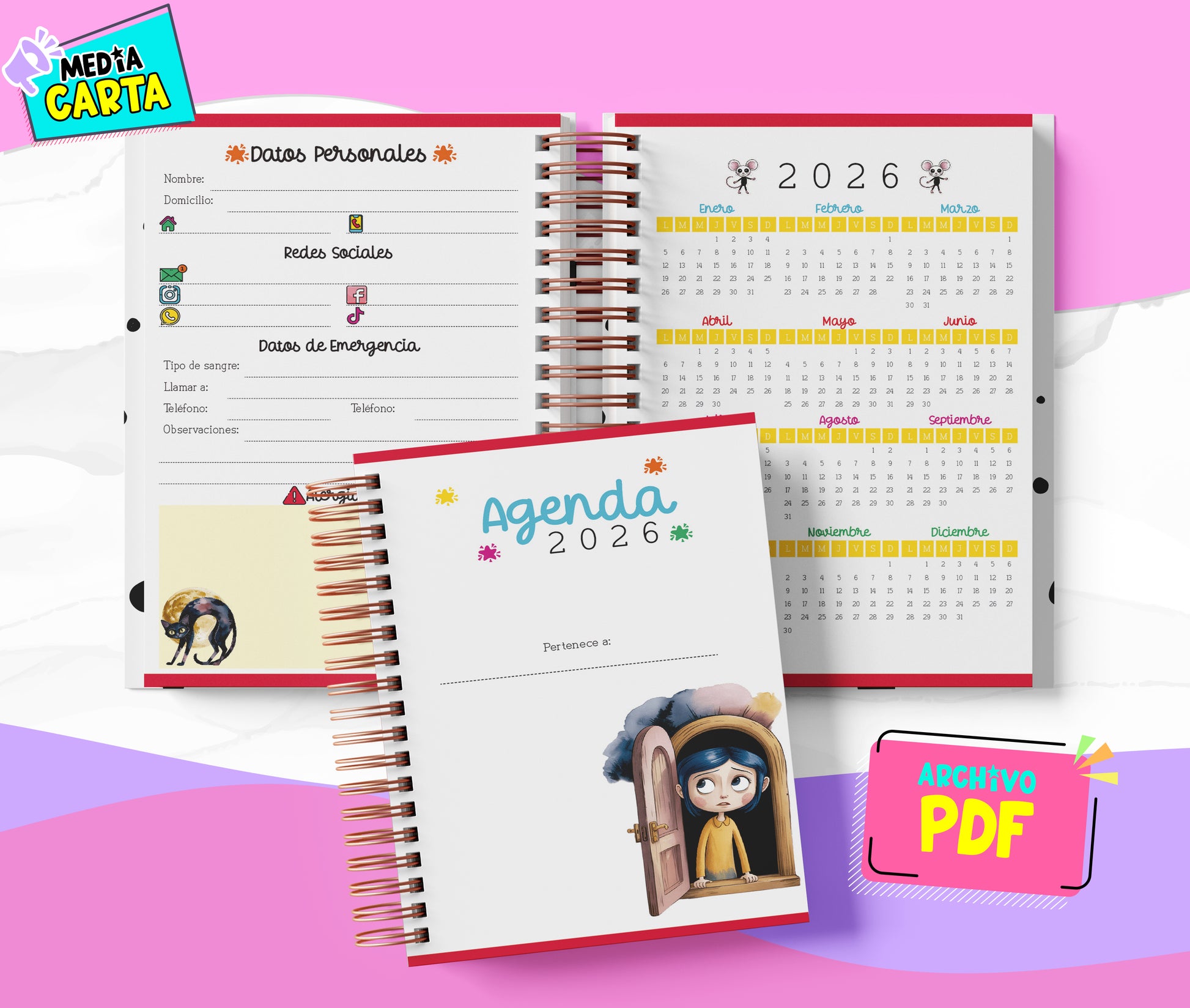 Agenda Diaria 2026 de Coraline (PDF no editable) – Día por Página – Media Carta 14×21.5 cm – Español