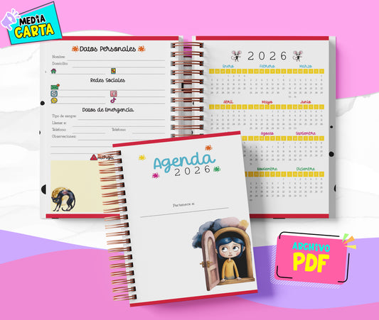 Agenda Diaria 2026 de Coraline (PDF no editable) – Día por Página – Media Carta 14×21.5 cm – Español