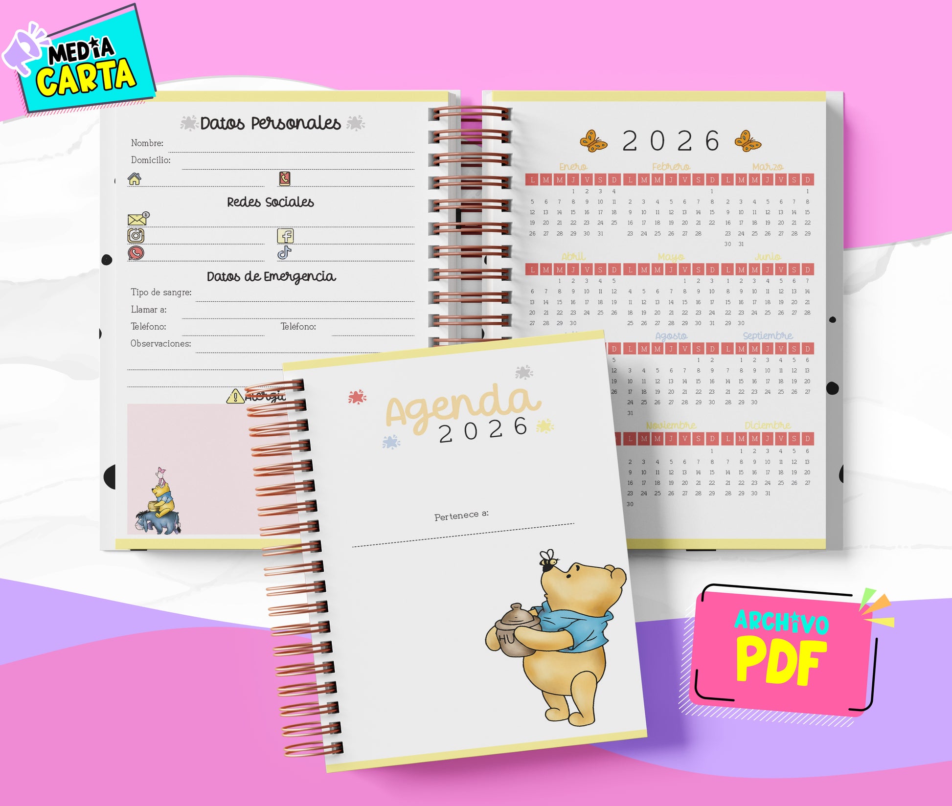 Agenda Diaria 2026 de Winnie (PDF no editable) – Día por Página – Media Carta 14×21.5 cm – Español