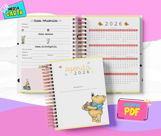 Agenda Diaria 2026 de Winnie (PDF no editable) – Día por Página – Media Carta 14×21.5 cm – Español