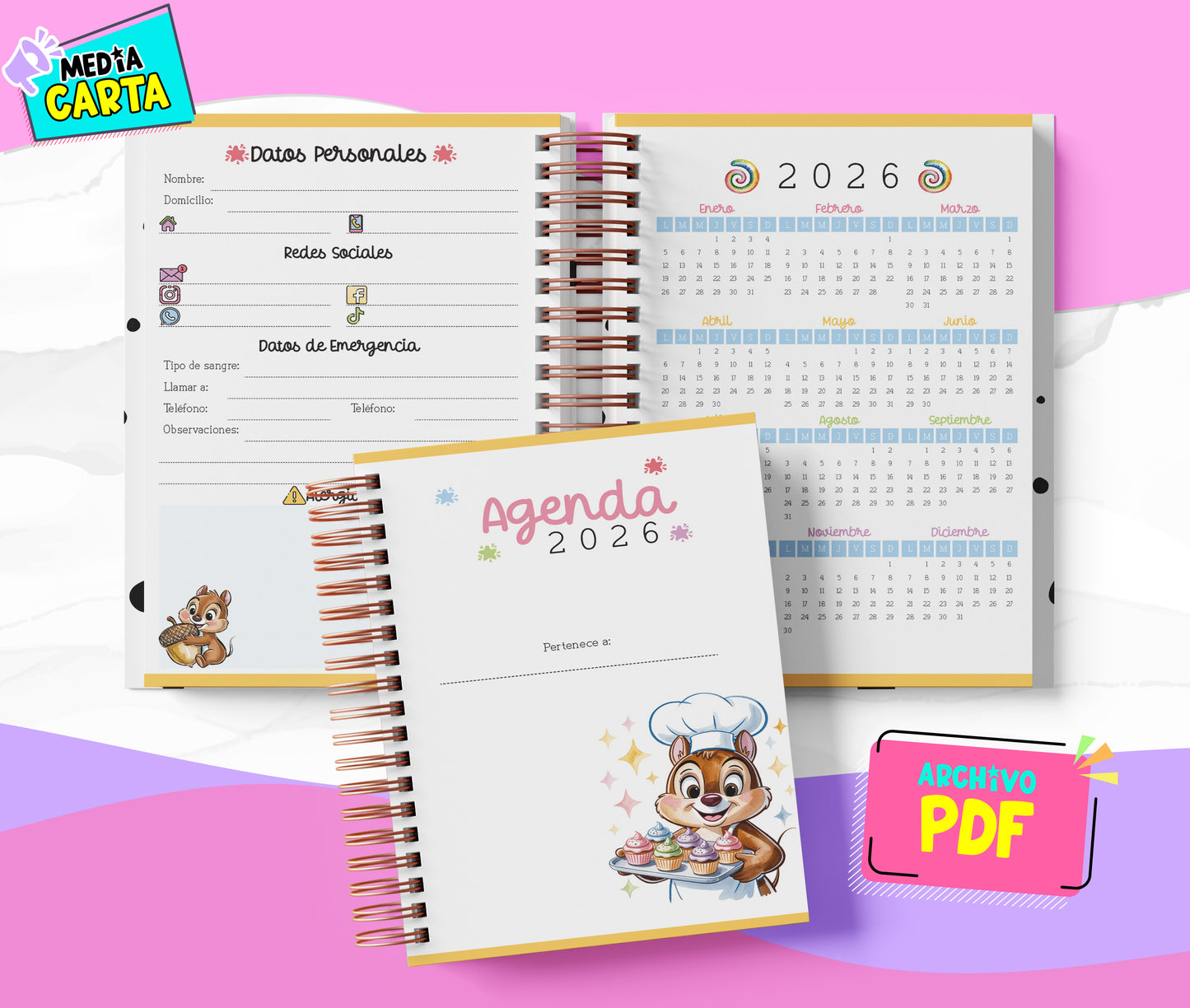 Agenda Diaria 2026 de Chip And Dale (PDF no editable) – Día por Página – Media Carta 14×21.5 cm – Español