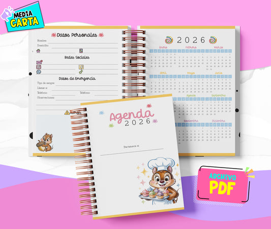 Agenda Diaria 2026 de Chip And Dale (PDF no editable) – Día por Página – Media Carta 14×21.5 cm – Español