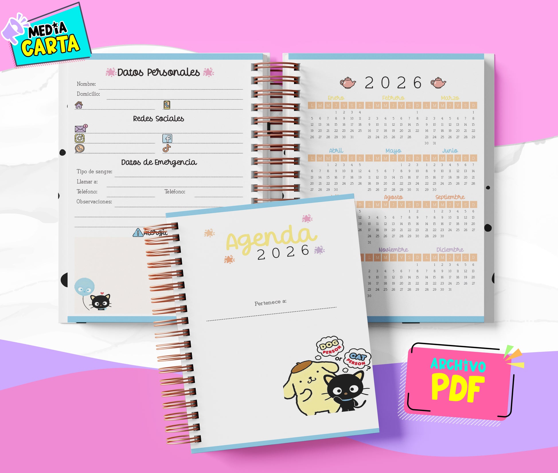 Agenda Diaria 2026 de Chococat (PDF no editable) – Día por Página – Media Carta 14×21.5 cm – Español