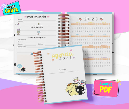 Agenda Diaria 2026 de Chococat (PDF no editable) – Día por Página – Media Carta 14×21.5 cm – Español