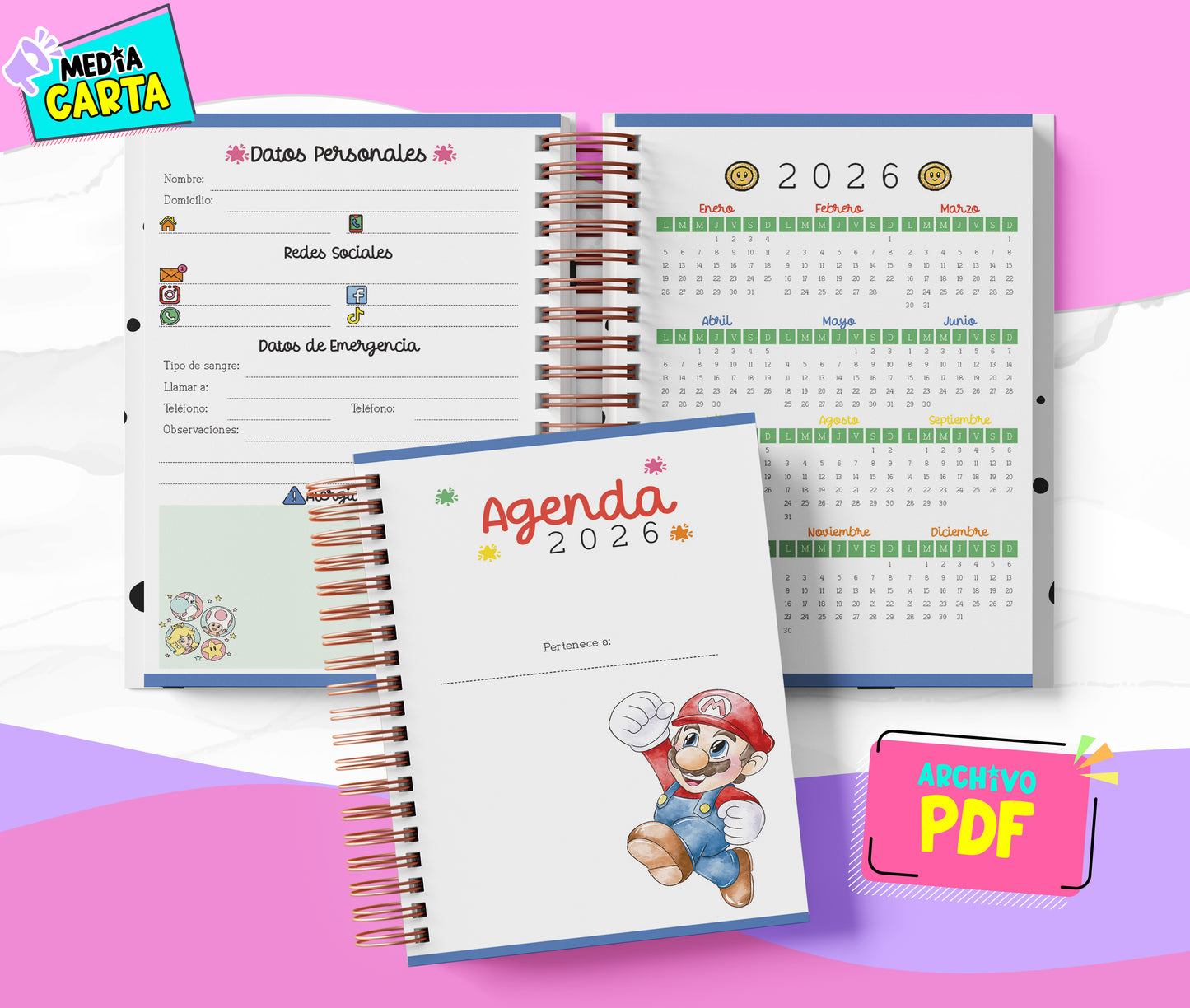Agenda Diaria 2026 de Mario Bross (PDF no editable) – Día por Página – Media Carta 14×21.5 cm – Español