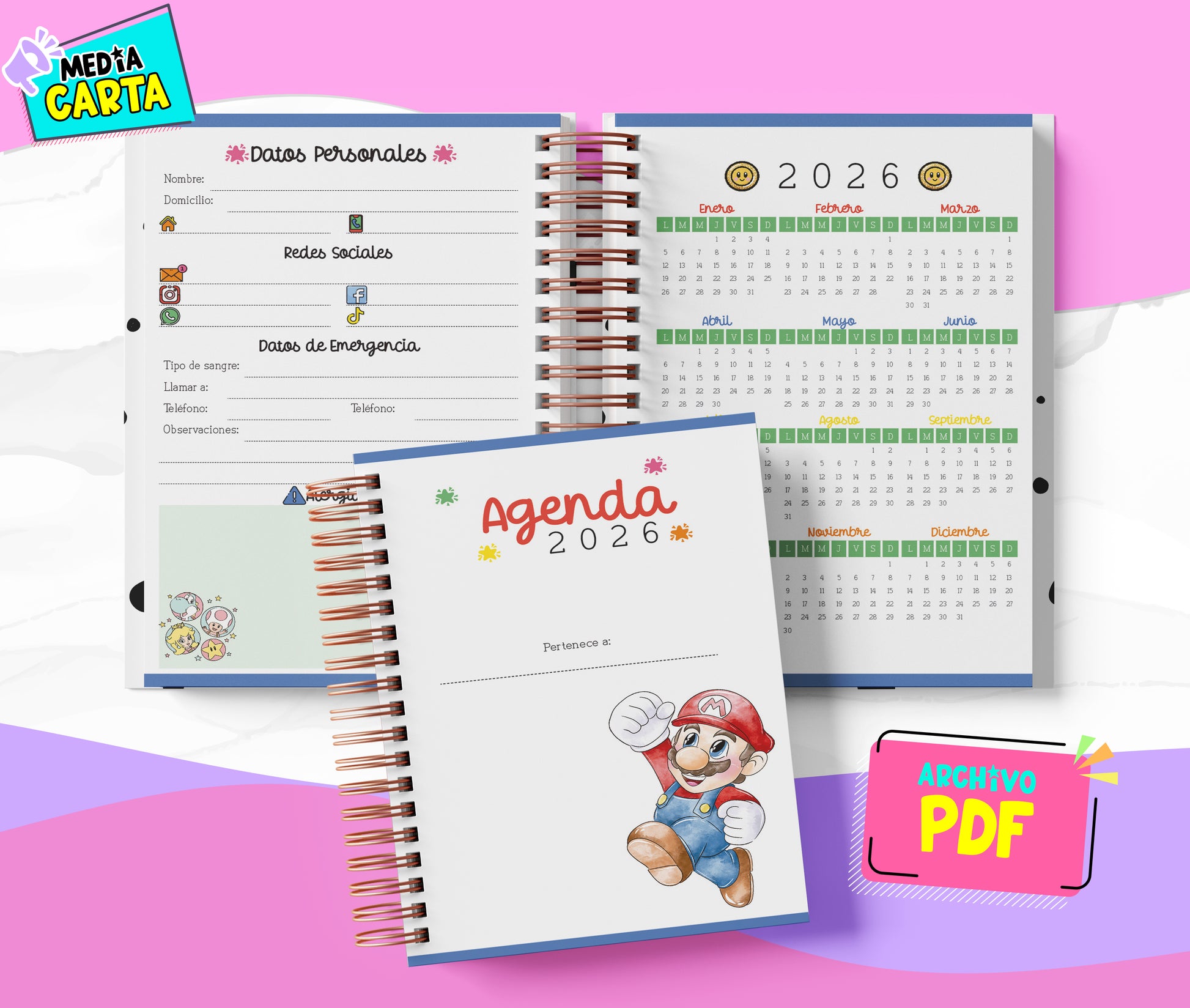 Agenda Diaria 2026 de Mario Bross (PDF no editable) – Día por Página – Media Carta 14×21.5 cm – Español