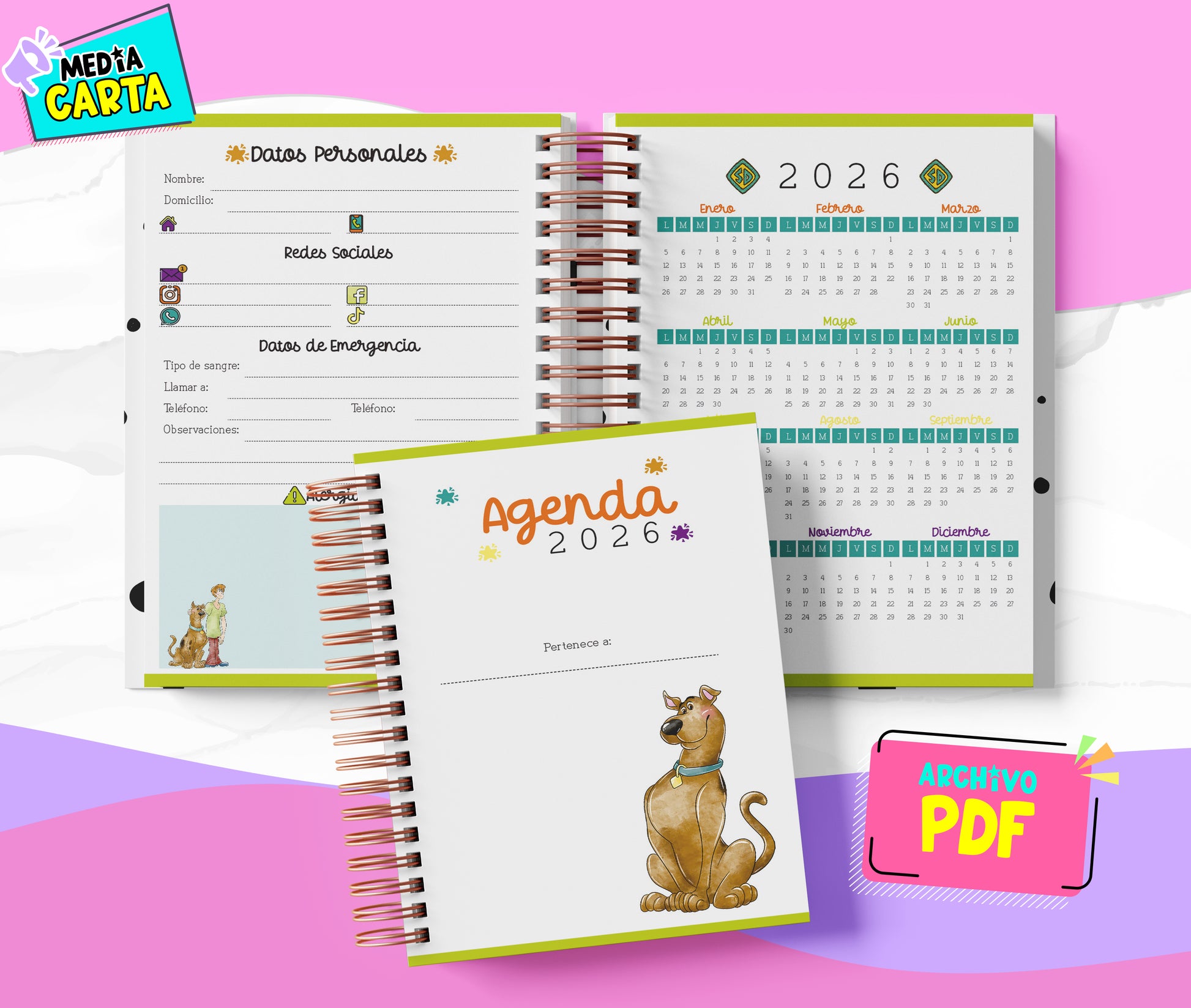 Agenda Diaria 2026 de Scooby Doo (PDF no editable) – Día por Página – Media Carta 14×21.5 cm – Español