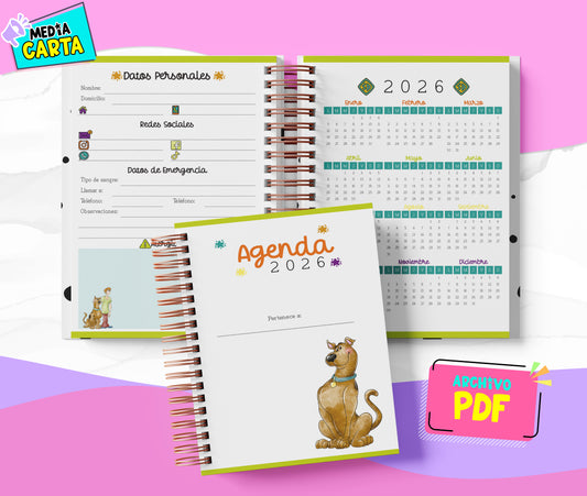 Agenda Diaria 2026 de Scooby Doo (PDF no editable) – Día por Página – Media Carta 14×21.5 cm – Español