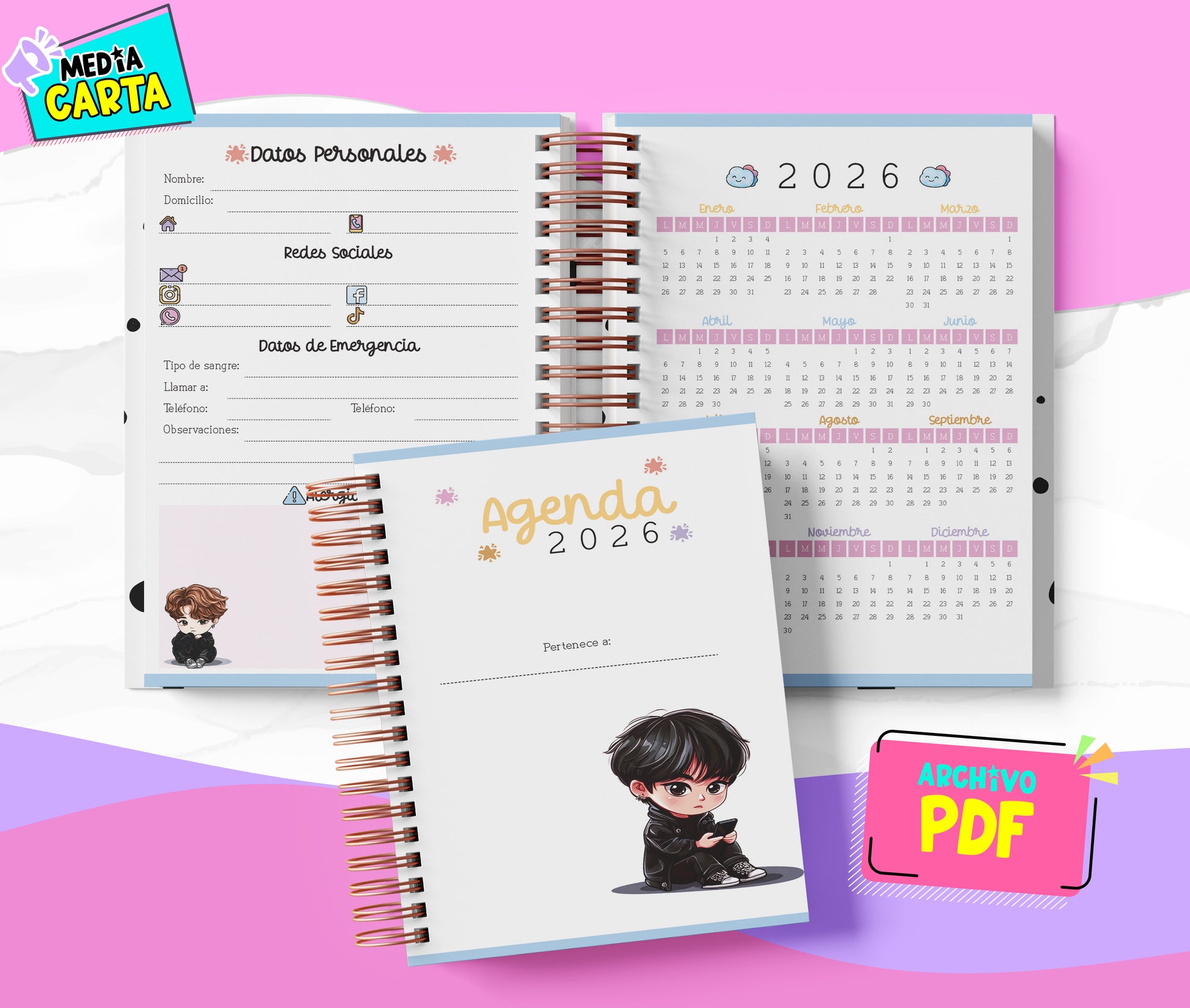 Agenda Diaria 2026 de Bts (PDF no editable) – Día por Página – Media Carta 14×21.5 cm – Español