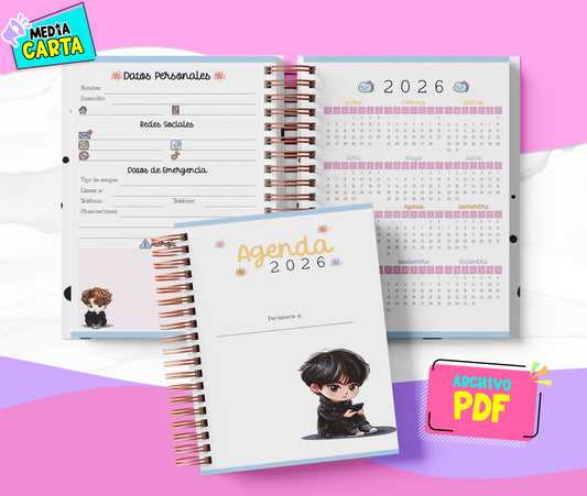 Agenda Diaria 2026 de Bts (PDF no editable) – Día por Página – Media Carta 14×21.5 cm – Español