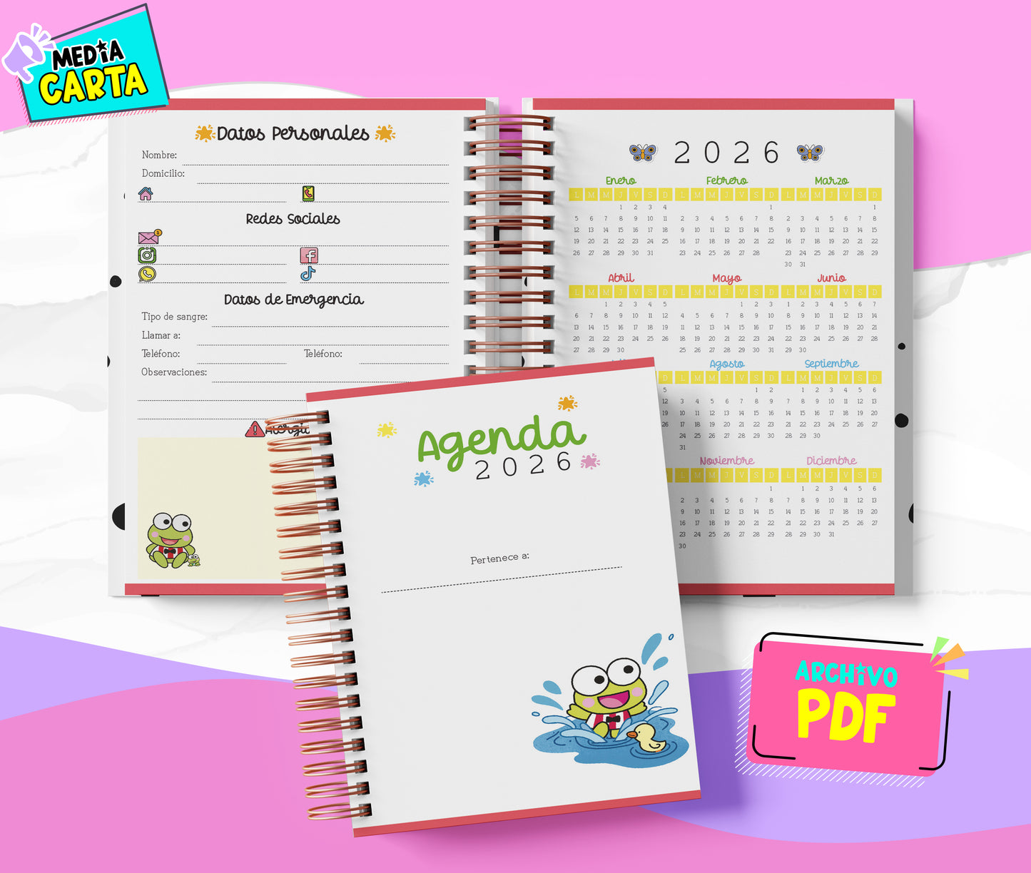 Agenda Diaria 2026 de Keroppi (PDF no editable) – Día por Página – Media Carta 14×21.5 cm – Español