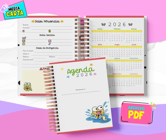 Agenda Diaria 2026 de Keroppi (PDF no editable) – Día por Página – Media Carta 14×21.5 cm – Español