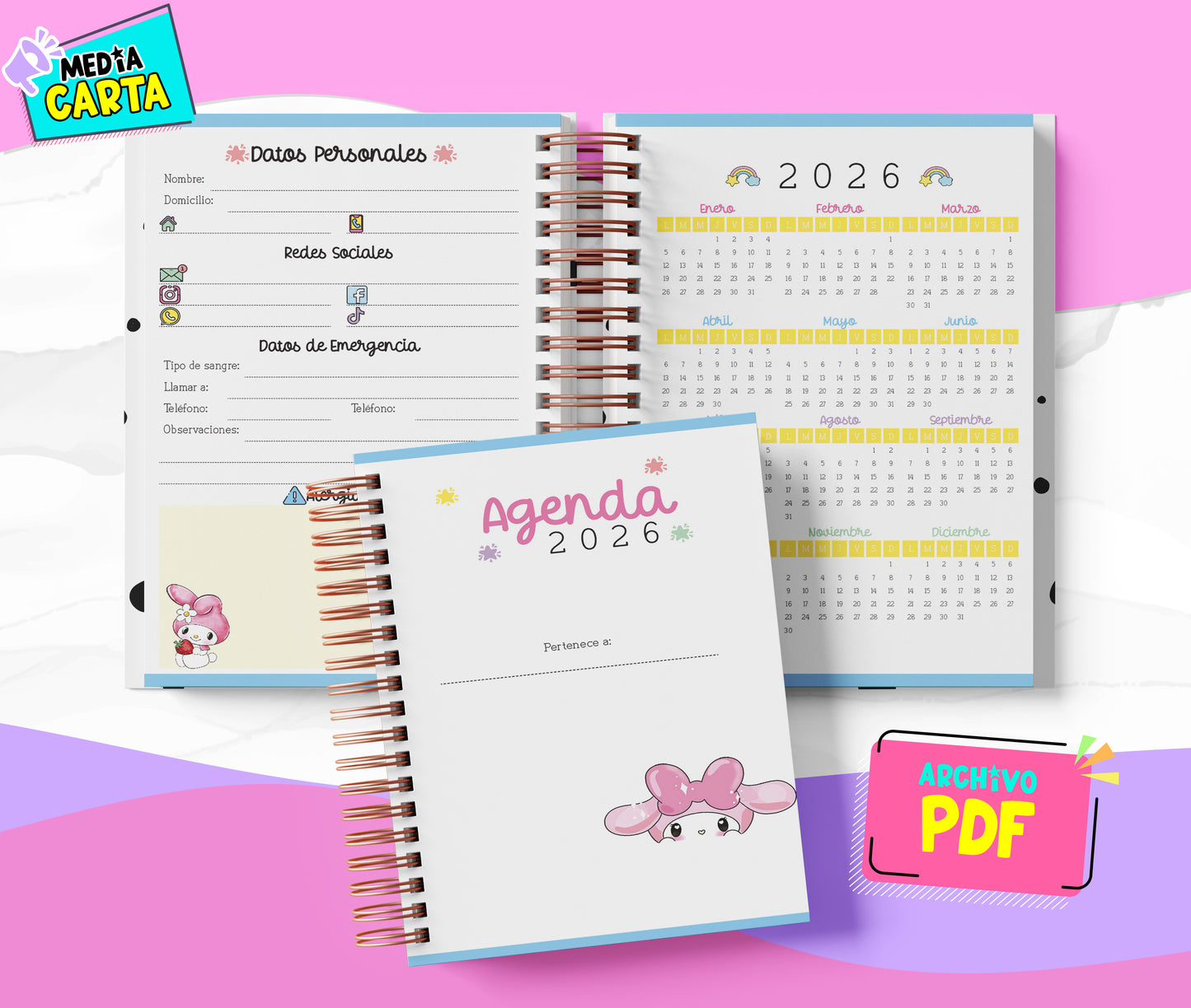 Agenda Diaria 2026 de My Melody (PDF no editable) – Día por Página – Media Carta 14×21.5 cm – Español